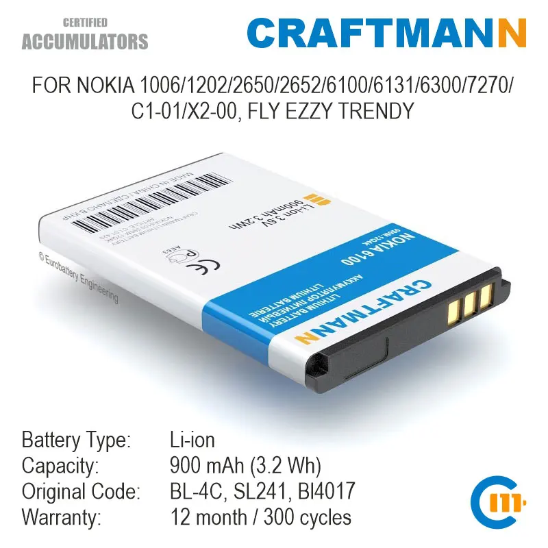 Craftmann – batterie pour Nokia 1006/1202/2652/6100/6131/6300/7270/X2-00, FLY EZZY TRENDY (BL-4C/SL241/BL4017/BL4505/CP10/BL-4V)