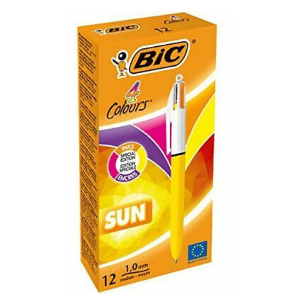 Bic Sun 4-Color Ballpoint Pen, Yellow Barrel, Medium Point (1.0mm), assorted Inks, Box of 12,Original Bic, Supplies