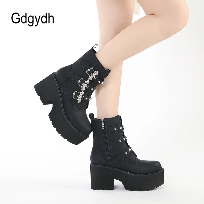 Gdgydh Sexy Rivets Black Demoia Boots Women Metal Decoration Platform Heels Gothic Bat Buckle Strap Ladies Short Boots Plus Size