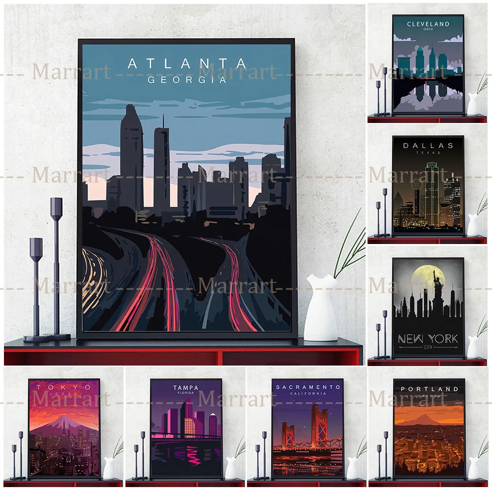 Tokyo And New York Bizarre Urban Night Scene Abstract Art Poster Prints Atlanta,Cleveland Travel Landscape Wall Art Home Decor