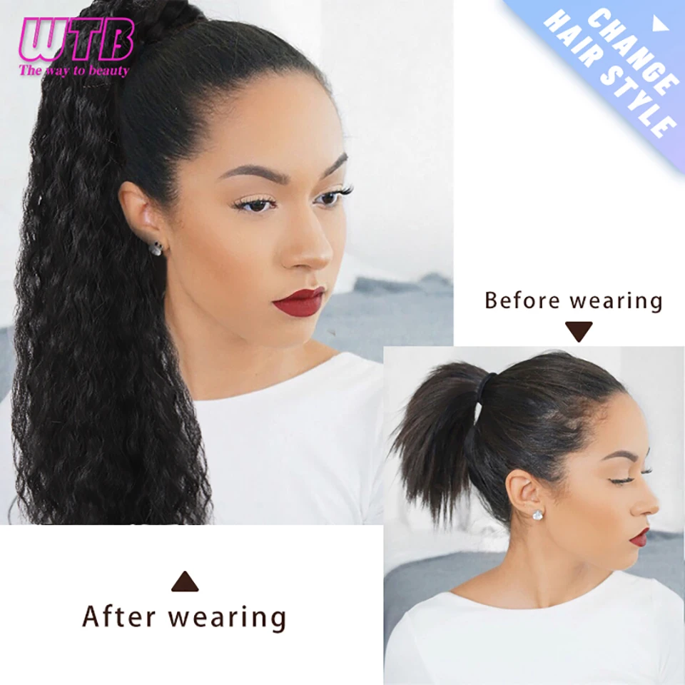 WTB Synthetic Women\'s Ponytail Extension Long Kinky Culry Clip In Ponytail Hair Extension Wrap Around Black Red Ombre Pony Tail