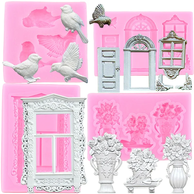 Vintage Door Window Silicone Mold Bird Vase Cupcake Topper Fondant Molds Cake Decorating Tools Candy Clay Resin Chocolate Moulds