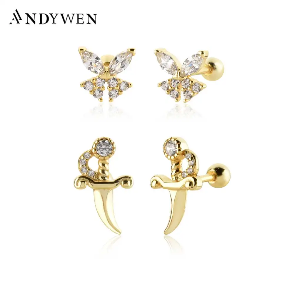 ANDYWEN Ohrstecker aus 925er-Sterlingsilber, Gold, Schmetterling, Piercing, CZ, Zirkon, Piercing, Pendientes, feine Hochzeitsjuwelen