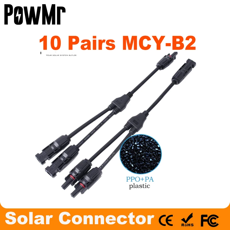 

10 Pairs Solar Panel Y Type 1 to 2 Solar Connector M-FF and F-MM Branch Cable 32cm Length For Connecting Solar Panels IP67