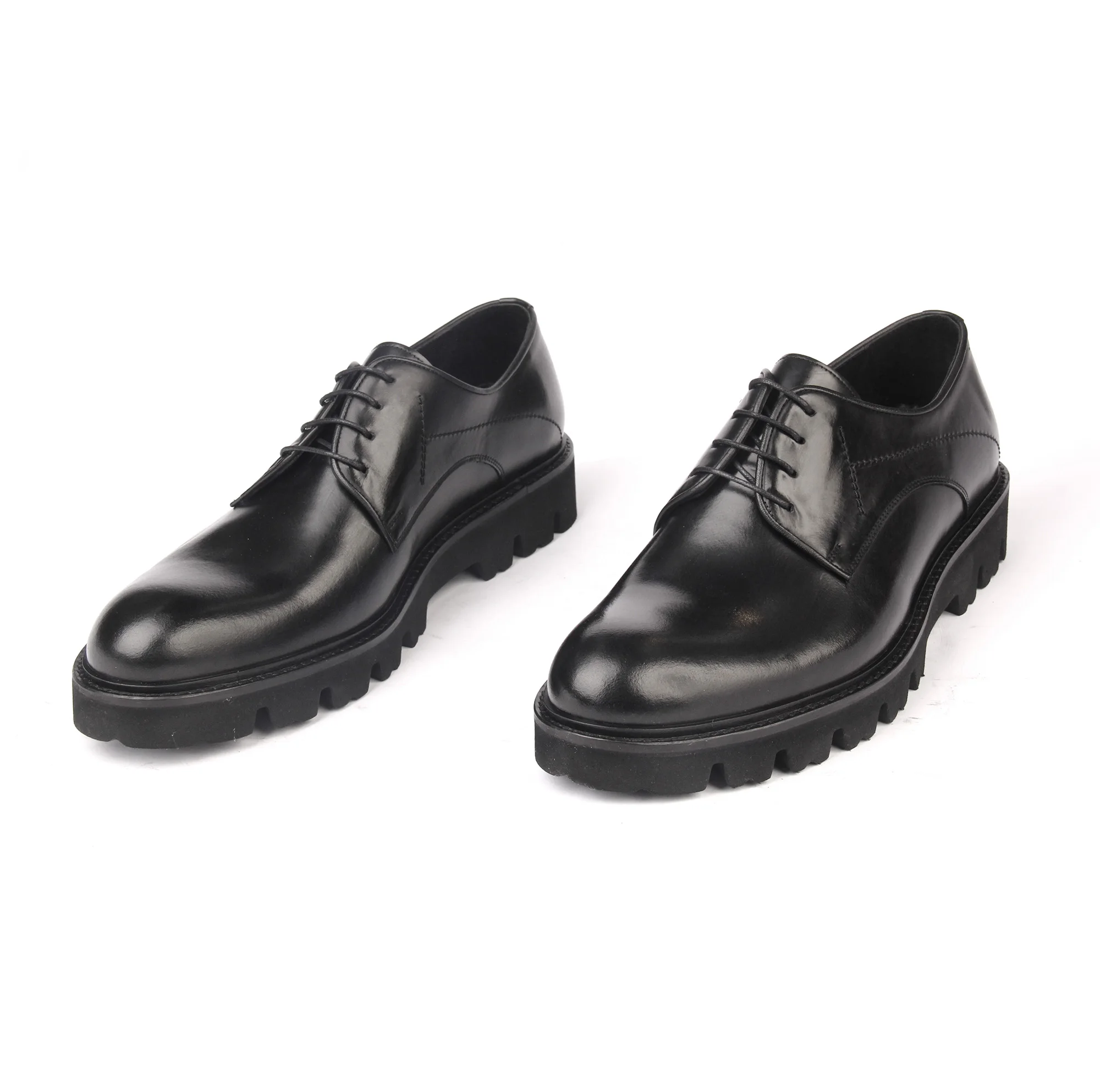 

Handmade Black Casual Derby Shoes with Height Increasing Lightweight EVA Sole, Matte Patent Leather, Real Calf Skin, Men's