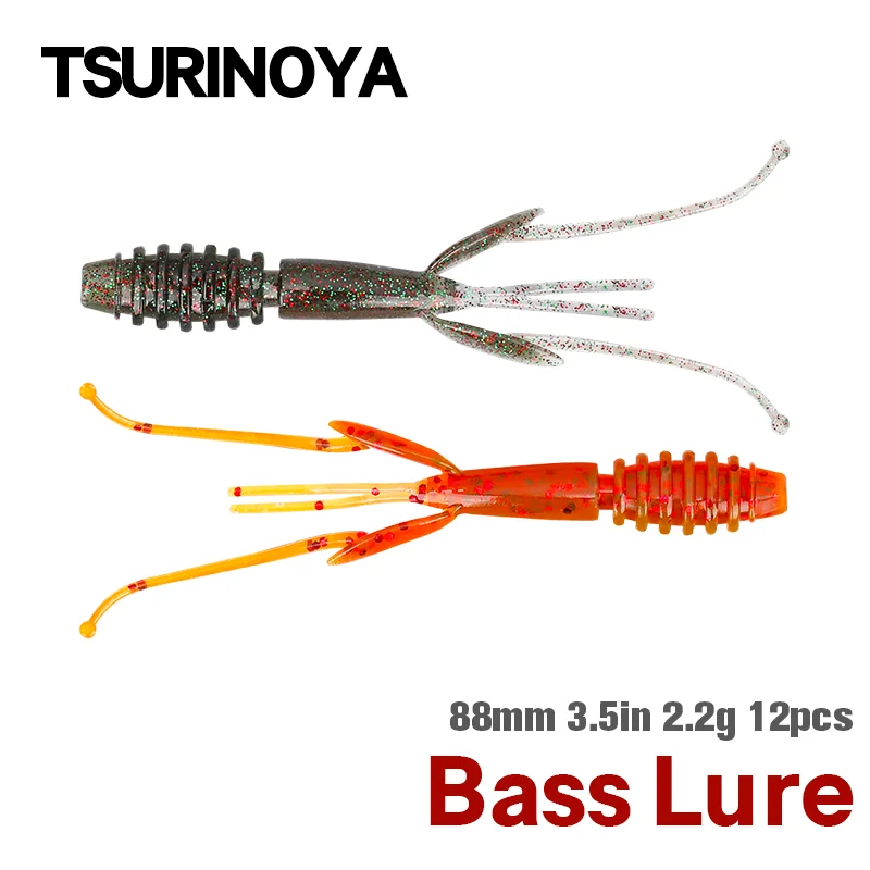 TSURINOYA 88mm 2.2g Shrimp Worm Soft Fishing Lure SL-2006 2.2g 12pcs Bass Pike Artificial Silicone Soft Bait Jig Lure