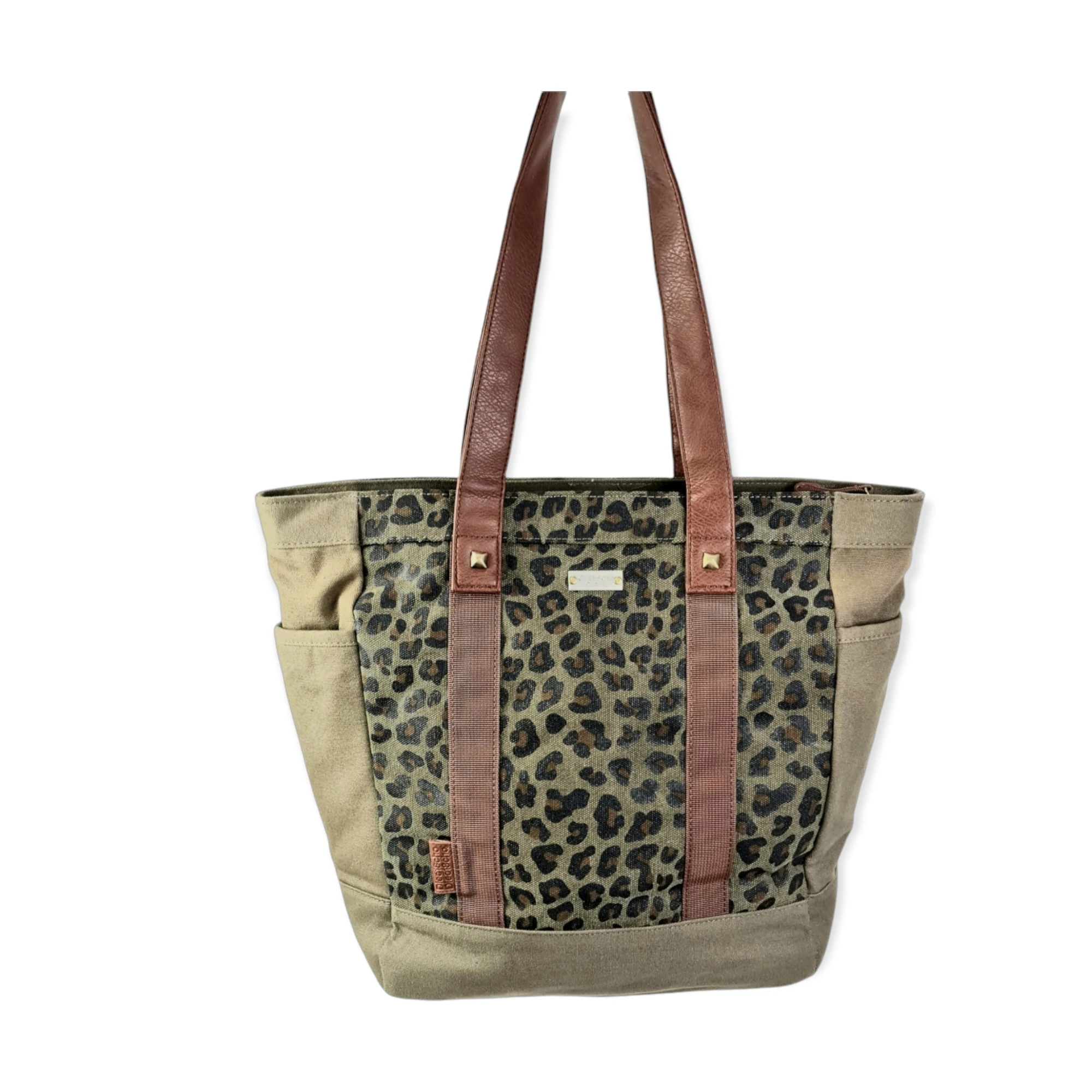 Canvas camouflage print shopper bag with polyfur handles. Type shoulder bag shopper. Fashionable canvas bag.