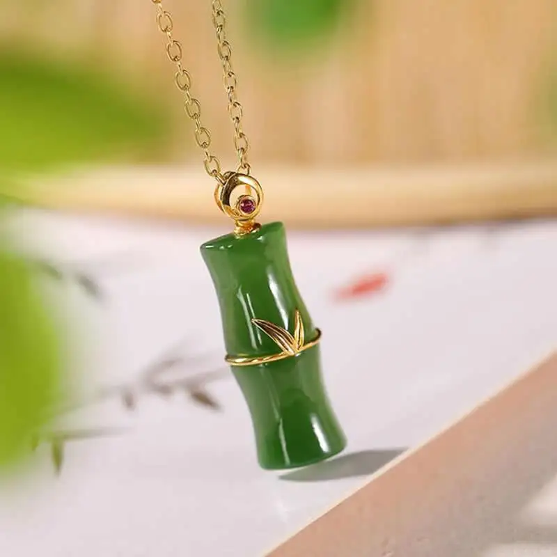 

Pure 18K Yellow Gold Pendant Natural Green Jadeite Bamboo Necklace Pendant