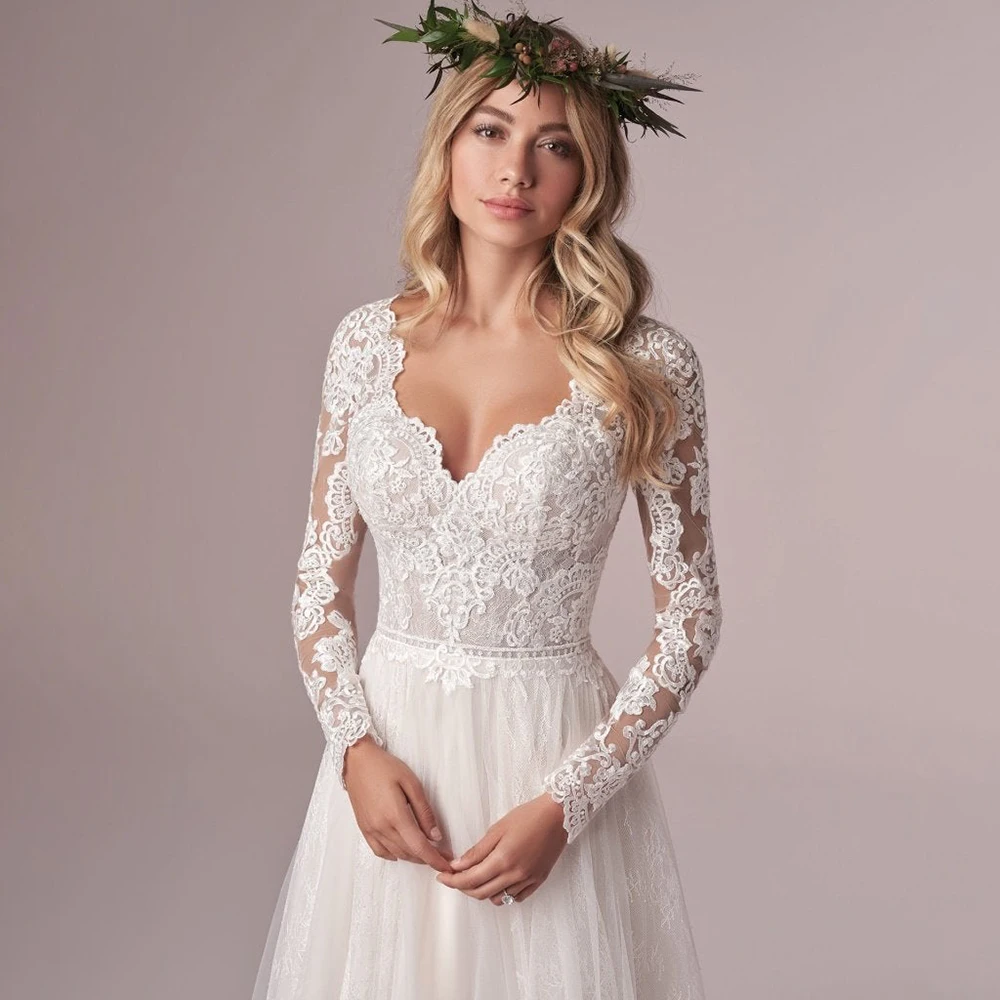 Apliques florais vestido de casamento de tule romântico laço feito sob encomenda mais tamanho mangas compridas cabidas com decote em v aberto para trás fofo vestido de noiva