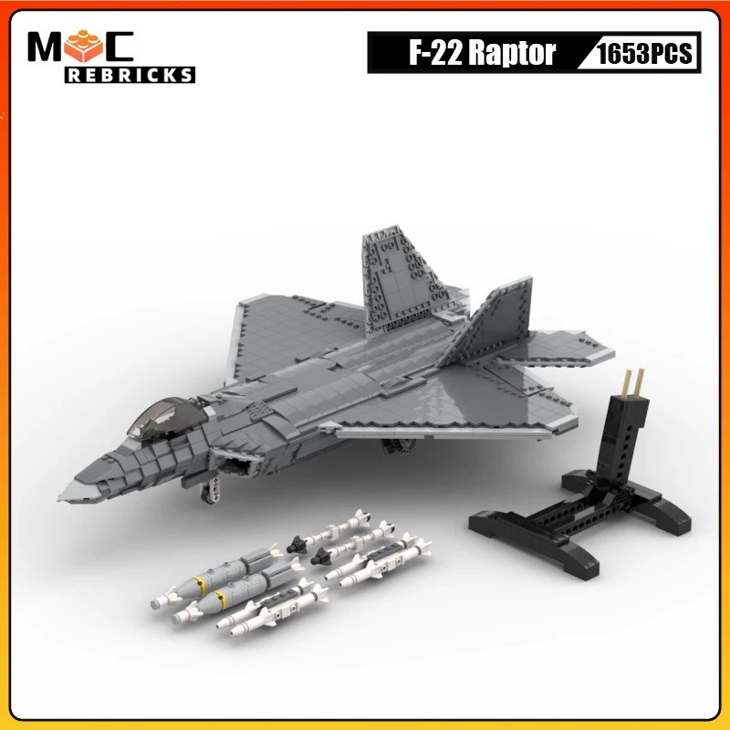 Modern Military War US Stealth Fighter F-22 Raptor MOC Building Blocks WW2 Aircraft Weapon Model DIY Bricks Toys Kid Gift