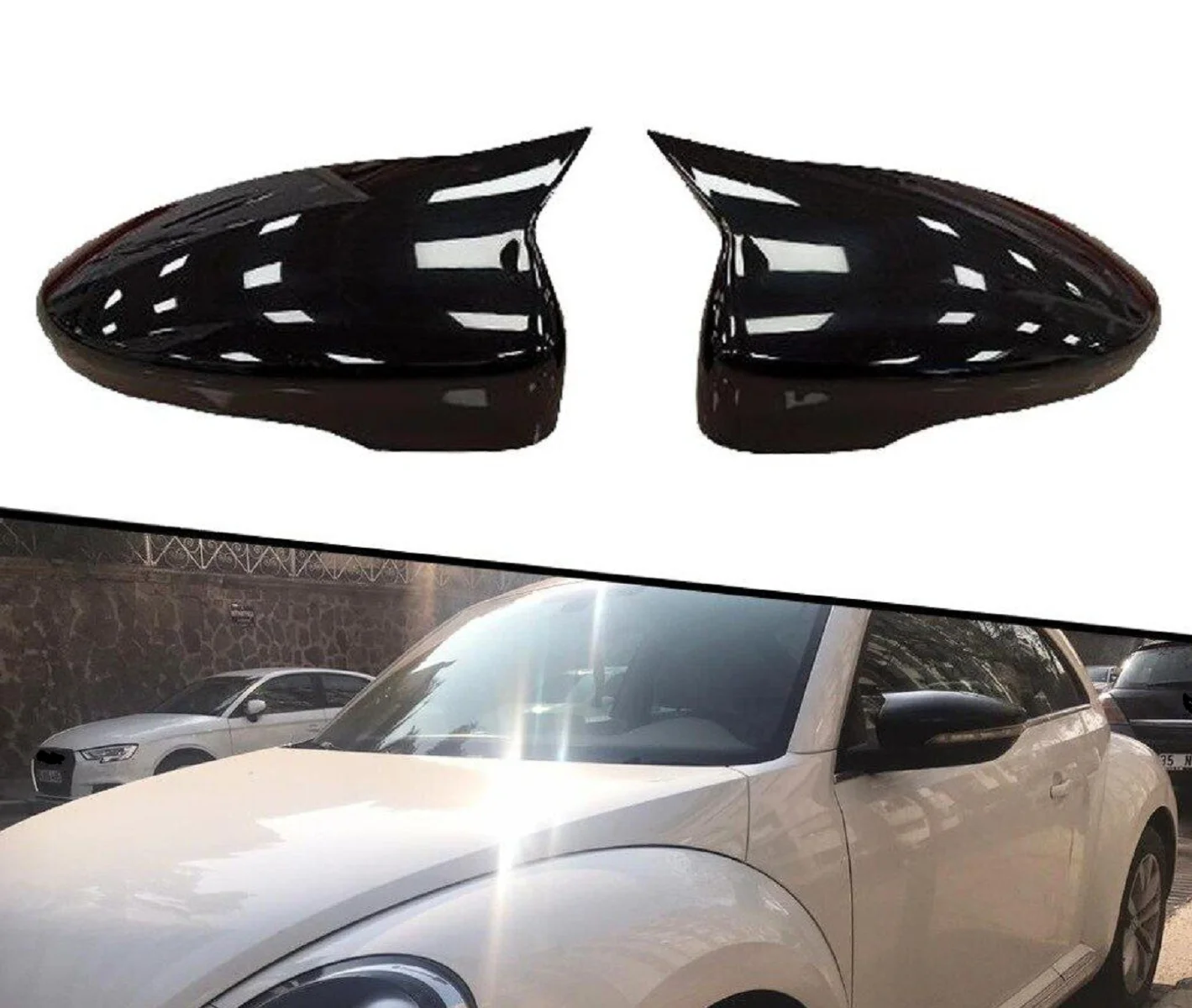 For Volkswagen Beetle ABS Plastic Bat Wing 2 Pieces Mirror Covers Caps Rearview Mirror Case Cover Gloss Black Car Accessories