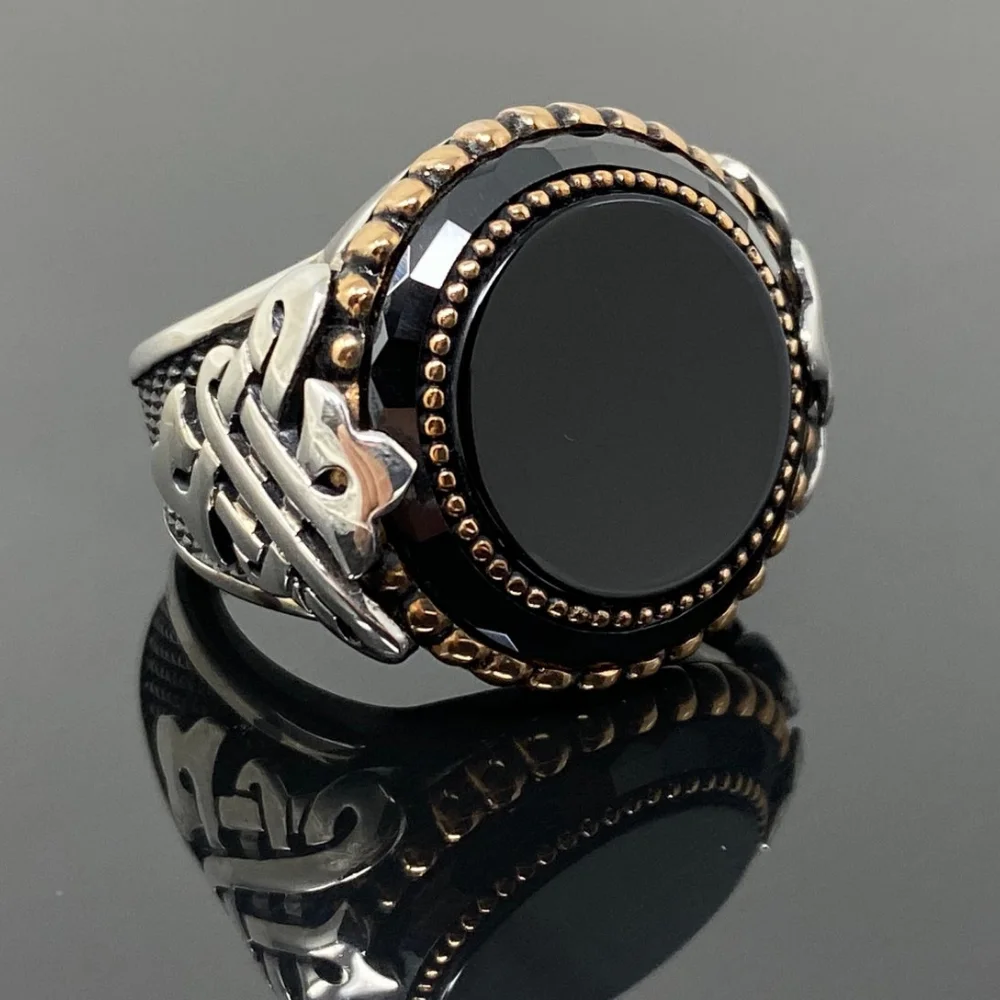 

925K Real Sterling Silver Ring Round Shaped Onyx Gemstone Classic Ottoman Style Handmade Jewelry For Man Freeshipping