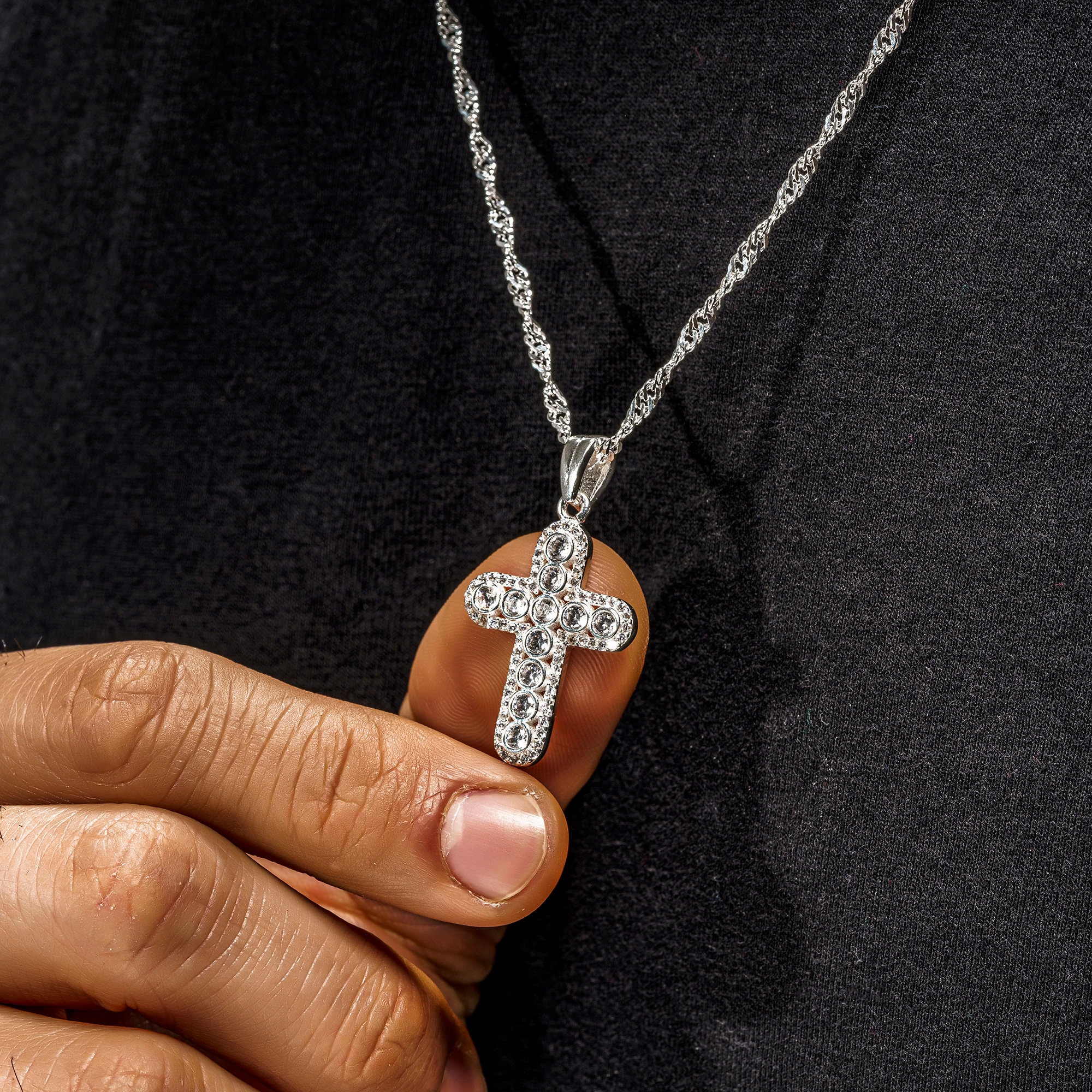 

925 Sterling Silver White Zircon Stone Cross Men's Necklace Pendant Religious Necklace Gift Surprise Accessory Jewelry