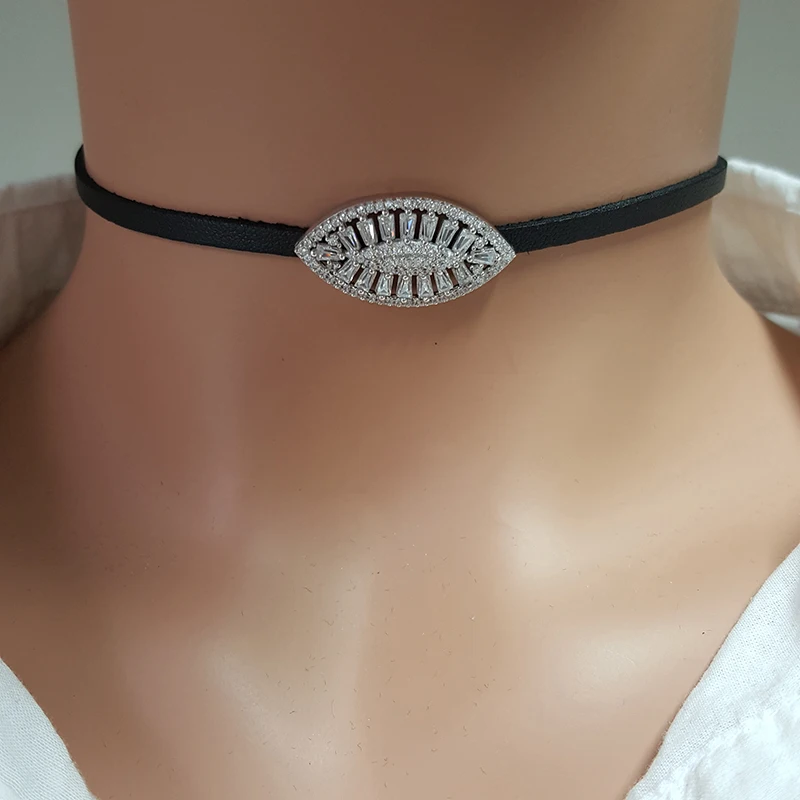 Women Choker Necklace Eye 925 Sterling Silver Rhinestone Choker Made in TURKEY