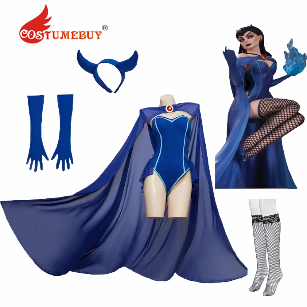 

CostumeBuy Bombshell Raven Cosplay Costume Blue Jumpsuit Outfit Women Girl Halloween Bodysuit Hooded Cloak Sexy Raven Costume