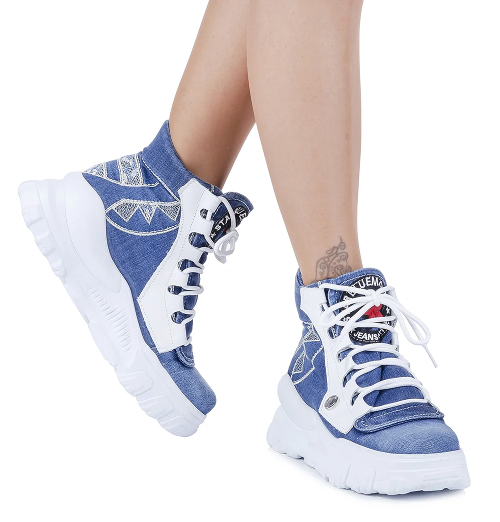 Jeans Shoes handmade embroidered birthday gift for your love Blue Lace-Up Buttoned Denim Boots Women's Sports Shoes/ 1064/denim