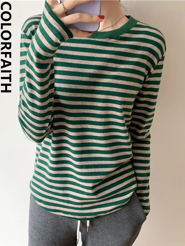 Colorfaith New 2022 Basic Korean Style Fashionable Striped Wild Lady Vintage Women\'s Spring Autumn T-shirt Bottoming Tops T6331