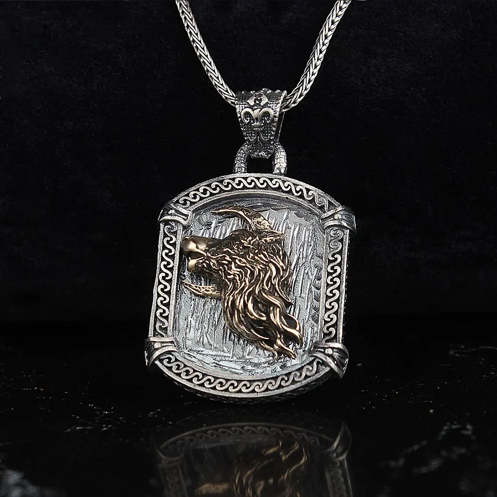 

Men's wolf icon 925 sterling silver necklace with custom design handmade Made in Turkey