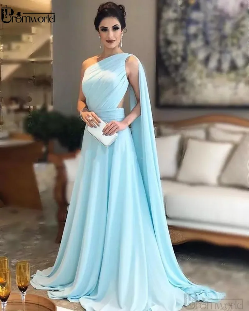 Gaun Malam Biru Langit Terang Satu Bahu Gaun Prom Arab Saudi Panjang Selantai Sifon Berlipat Gaun Formal Wanita Elegan