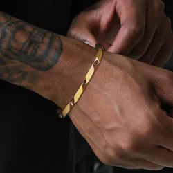 Bar Link Baht Link Chain Bracelet ,Stainless Steel Gold Plated Bamboo Bracelets,Men's Jewelry, Guy Gift