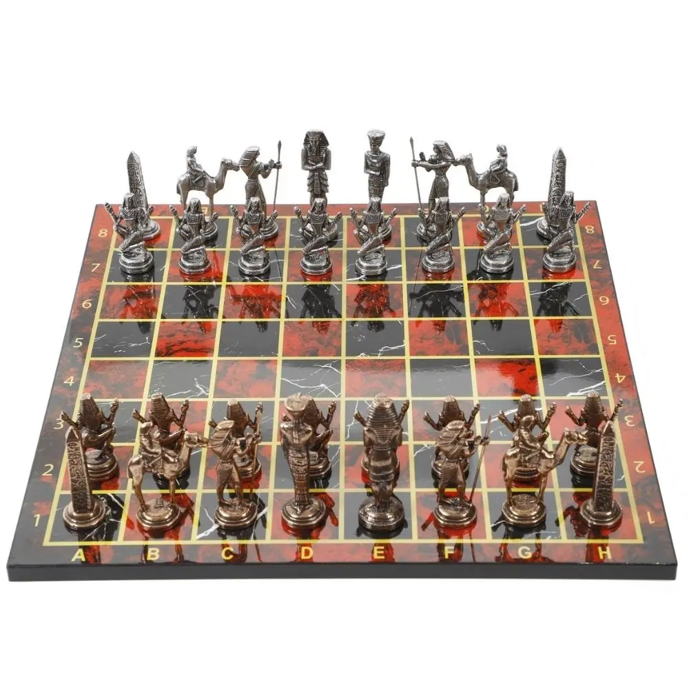 Luxury Metal Chess Set Chrome Plated Bronze Egyptian Army & Flame Red Marble Patterned Board ( Large ) Metal Chess Figures