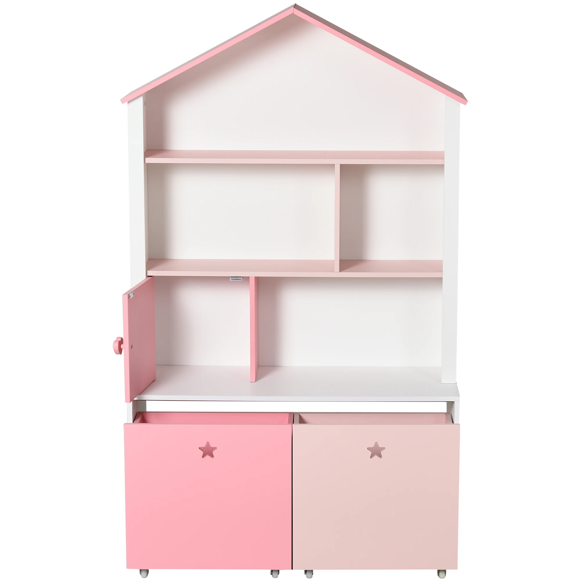 HOMCOM Estantería de Madera Infantil Librería para Niños con 4 Compartimentos 2 Cajones Extraíbles con Ruedas 80x34x130 cm