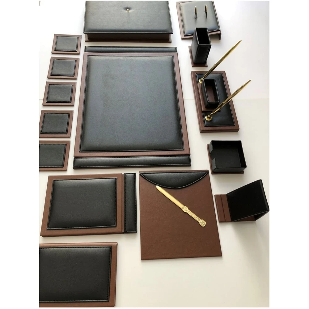 Luxury Black  / Tan Color Business Office Desk Leather Mat Set Organizer Accessories (Office Supplies, Office Desktop Set, )