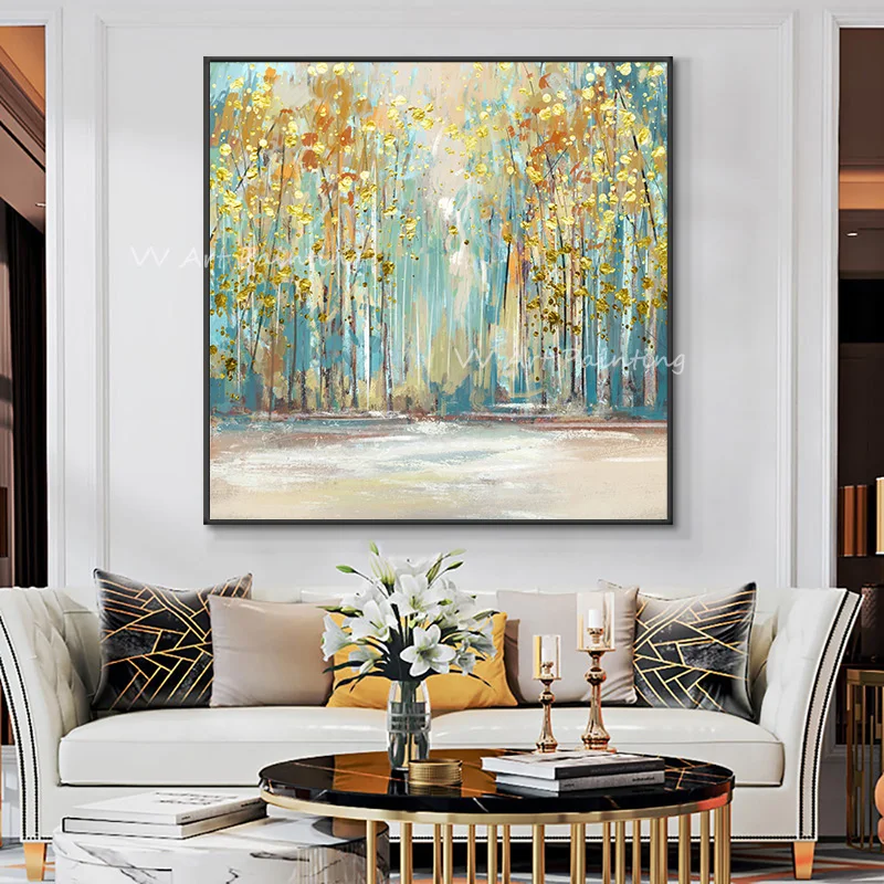 Heavy Impasto Birch Forest Canvas Art, Palette Knife Golden Tree Oil Painting, Handmade Modern Home Wall Decoration