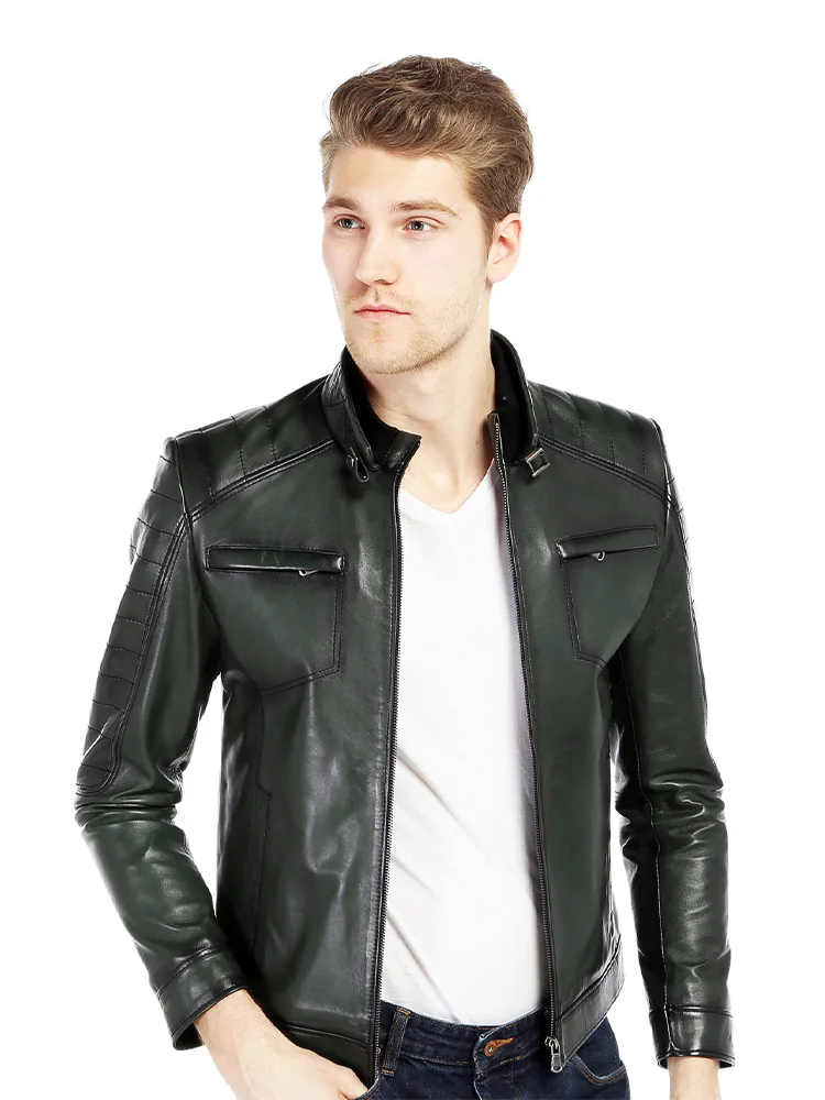 Genuine Soft Lambskin Leather Jacket Handmade Man Brown Jacket Biker Motorcycle Style Jacket Bomber Real Fur Coat Custom Product