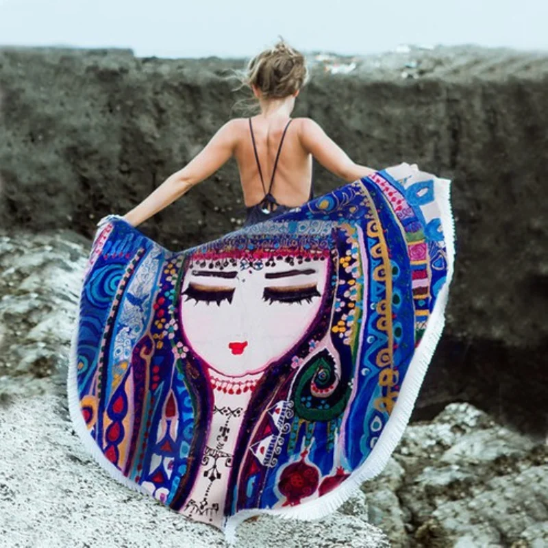 Round Beach Towel Geometric Cultural Pattern Yoga Mat Tasseled Blanket Quick Drying Absorbent Shower Beach Bathroom Summer 2021