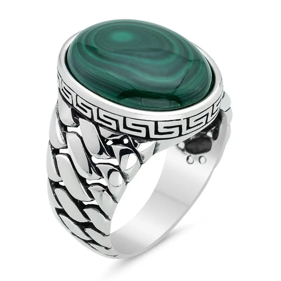 New Authentic Sterling Silver Antique Turkish Malachite Green Stone Oval Master Hand Ring Men's Rustic Hallmarked Male Jewelry