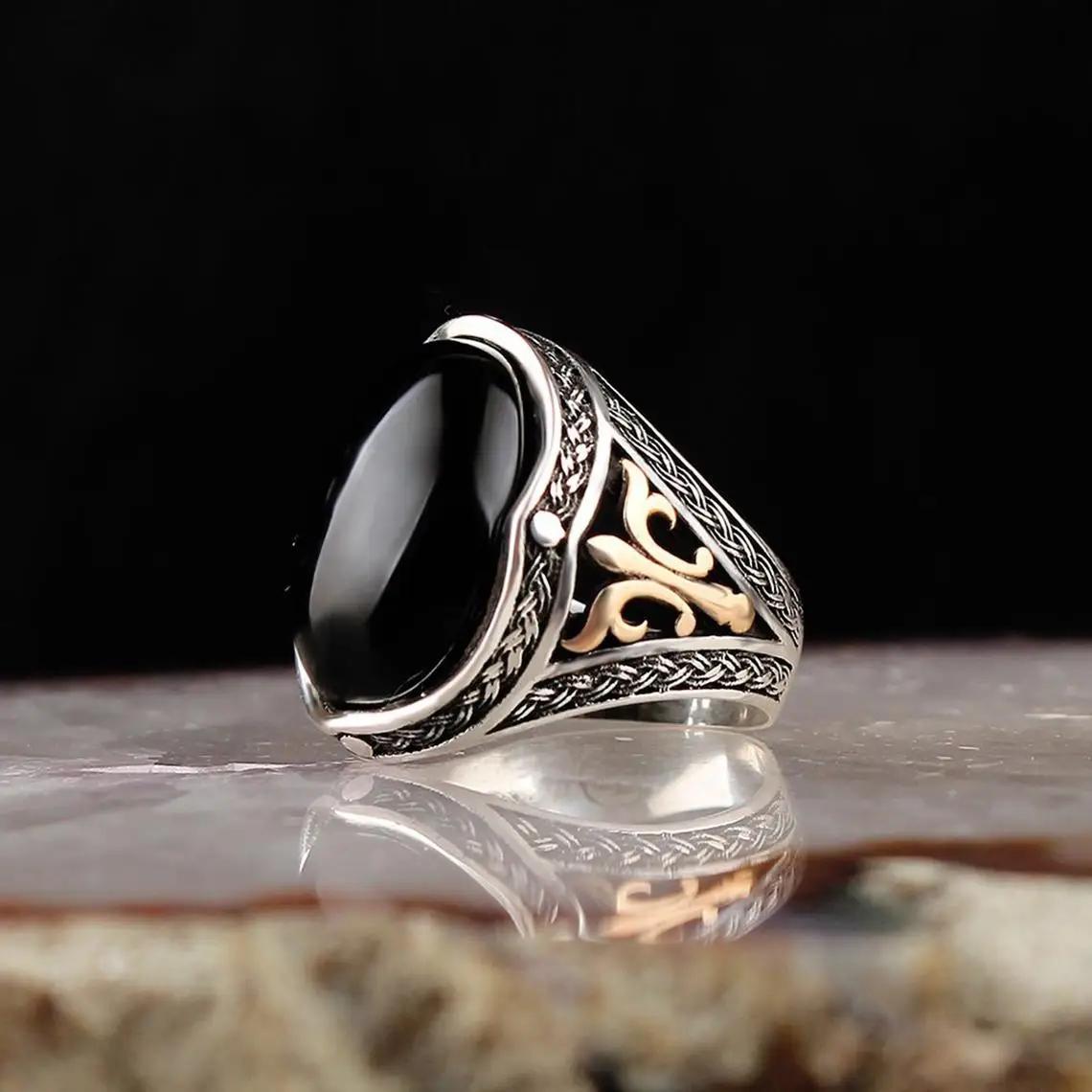 Oval Black Onyx Stone Ottoman Ring for Men 925 Sterling Silver Collocation Fashion Natural Mask Rings Vintage Antique Jewlery