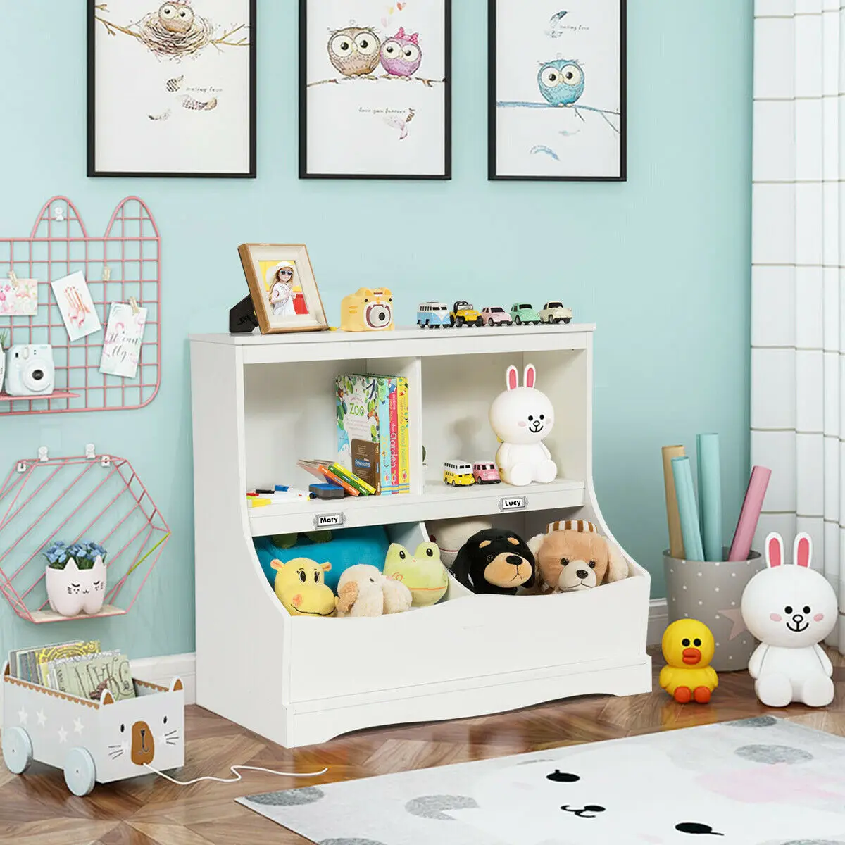 Children's Multi-Functional Bookcase Toy Storage Bin Kids Floor Cabinet White/Gray  HW63982