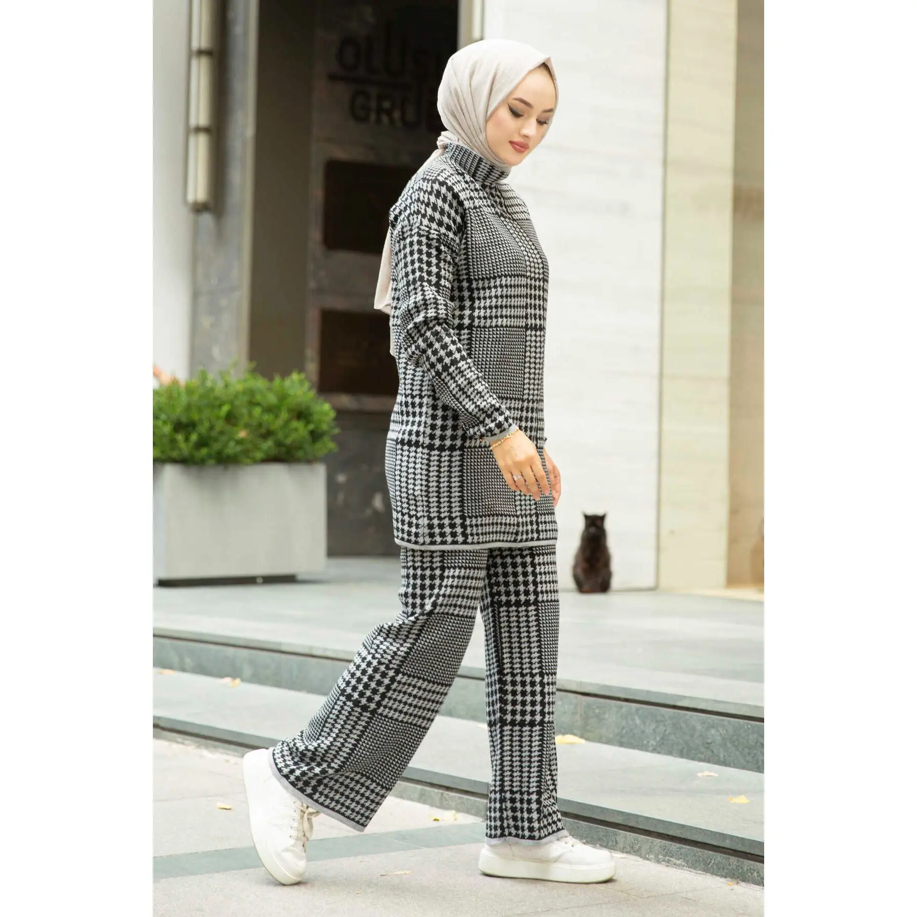 2 Piece Women's Knitted Sports Set Crowbar Patterned Long Turtleneck Sweater and Comfortable Pant Sportive Set Knitwear Turkey