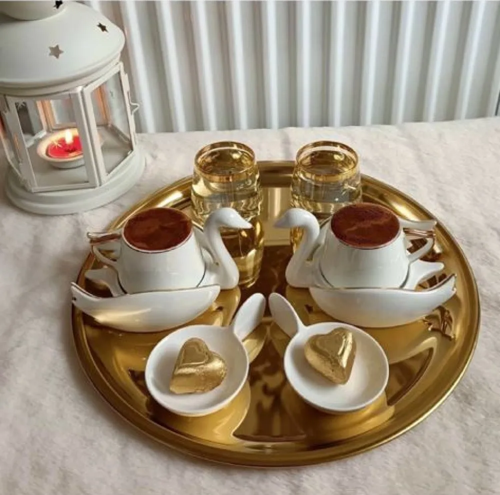 Roe Swan ตุรกีชุดแก้วกาแฟ6 Person ภาษาเอสเปรันโตคำกรีกกาแฟชุด Expresso 6ถ้วย6 Swan แผ่น