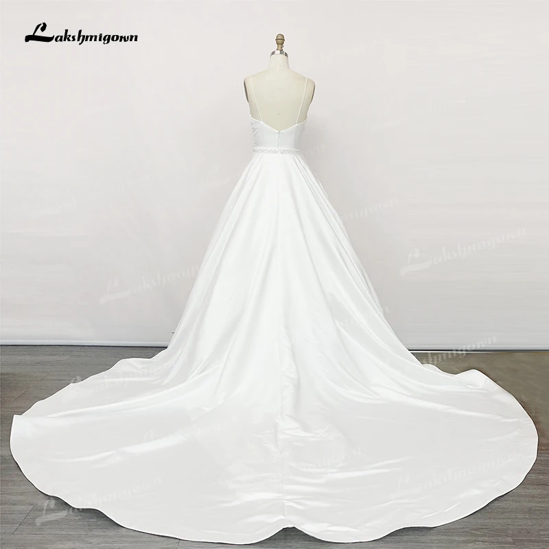 Robe de mariée élégante en Satin, col en v, bretelles Spaghetti, dentelle, perles, fermeture éclair, 2022