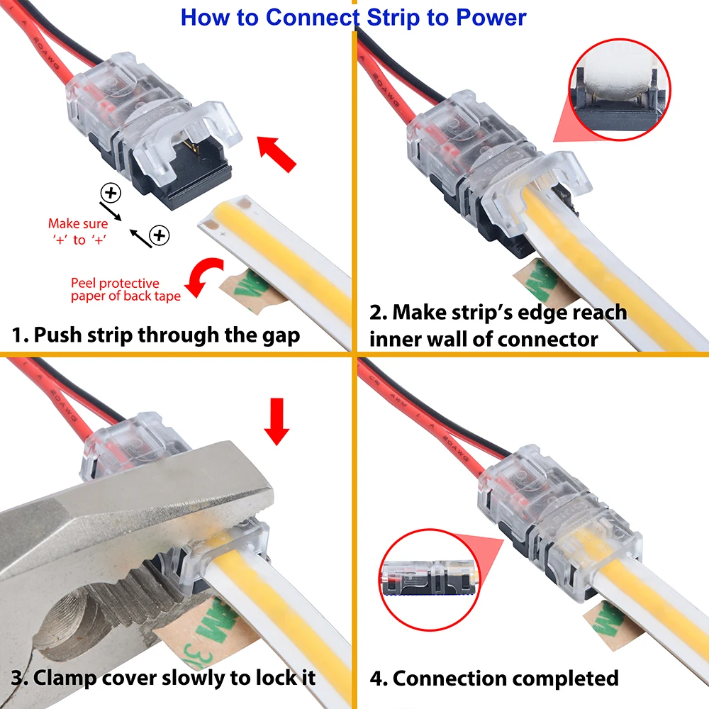 5pcs 2pin IP20 IP65 SMD COB LED Strip Connector 8mm Quick Connect Wire Connection Terminal Splice Single Color for 12V 24V
