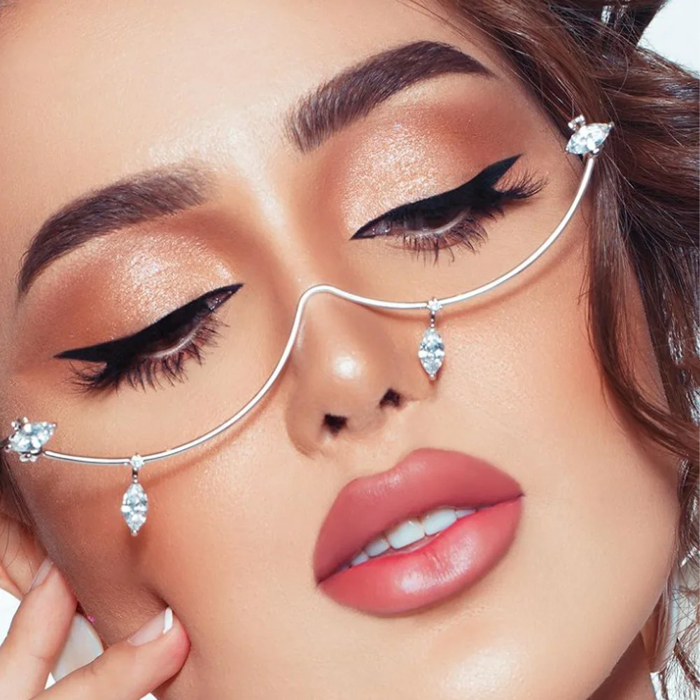 Goccia d\'acqua zircone mezza montatura occhiali montature per occhiali Vintage lusso strass montature per occhiali catena donna occhiali decorazione