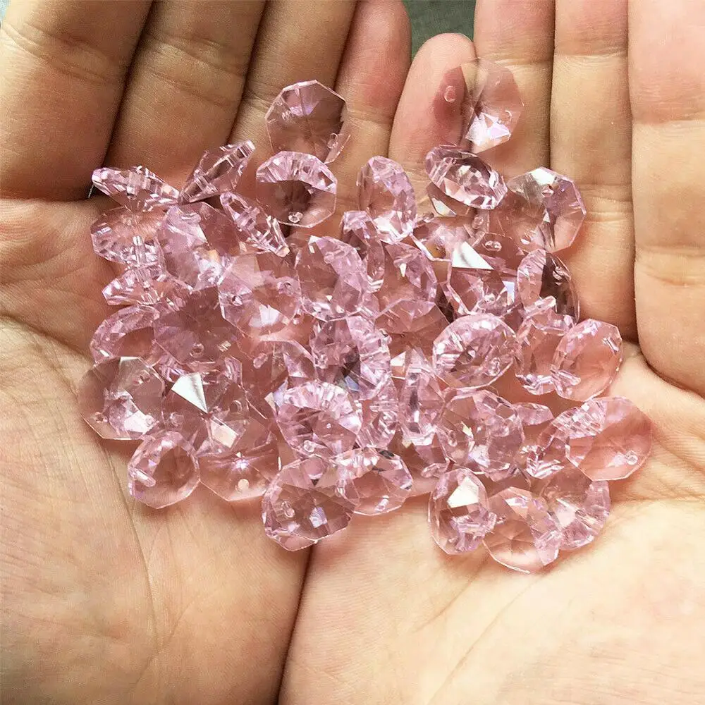 Camal 100Pcs Pink Color 14mm Octagon Crystal Glass Loose Beads 2 Holes Chandelier Chain Garland Prism DIY Part Home Decor