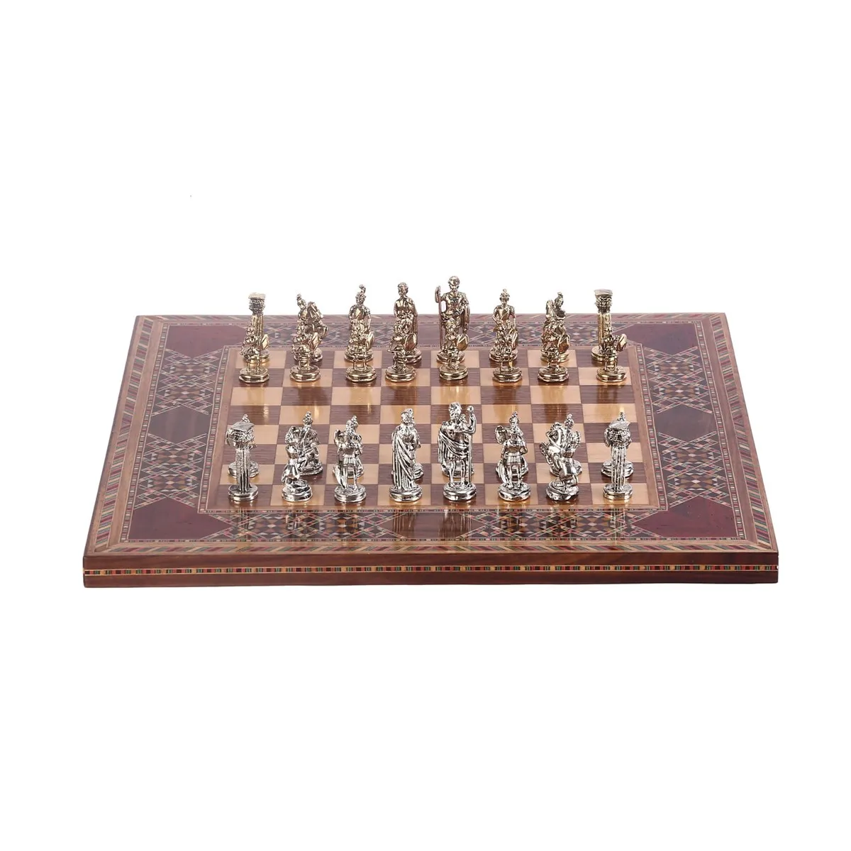 Historical Figures of Rome Metal Chess Set, Handmade Pieces, Natural Solid Wooden Chess Board Small Size King 4.8cm