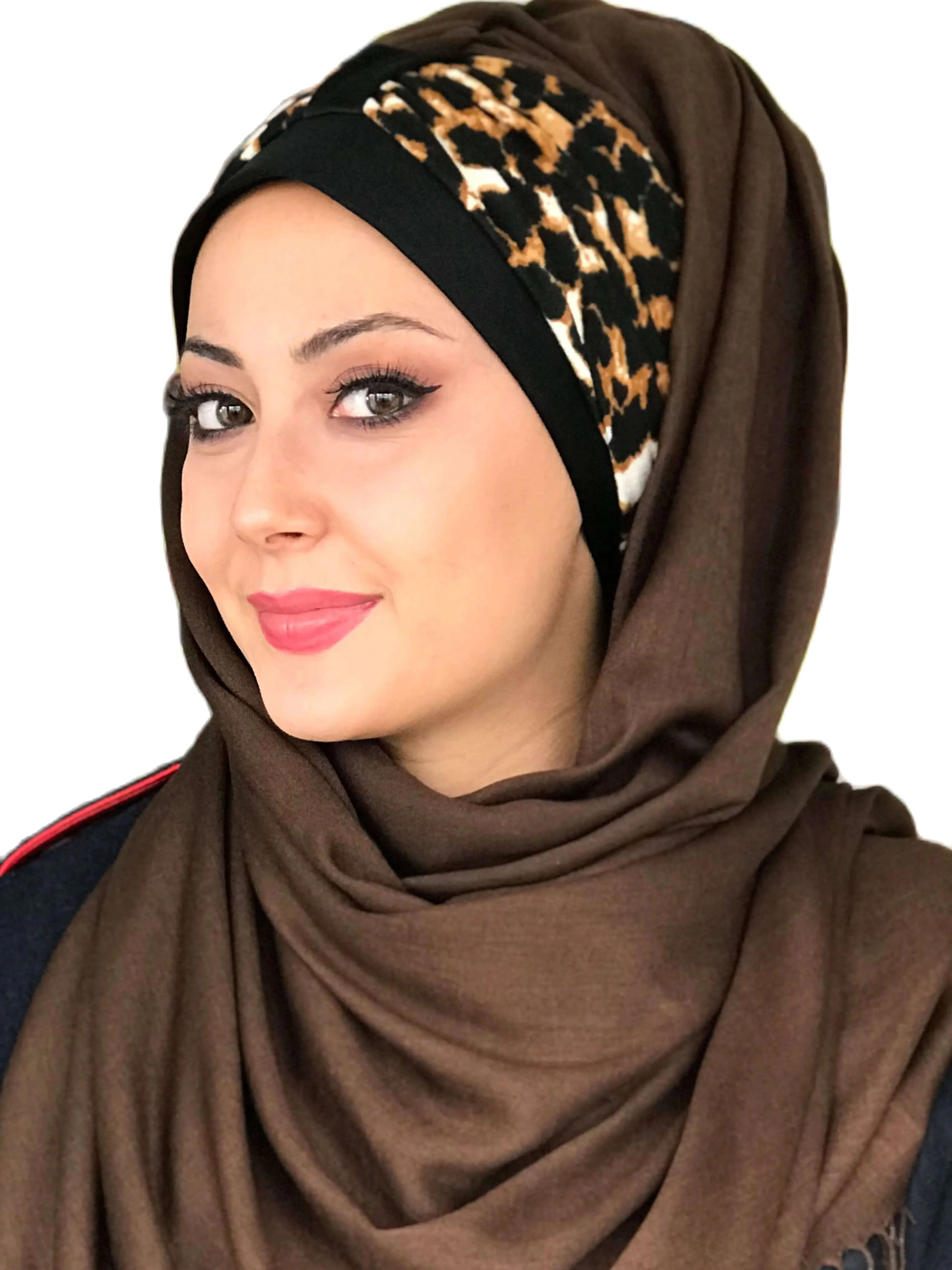 Yeni Moda Hijab 2021 Kadın Müslüman Başörtüsü İslami Türban Eşarp Şapka Fular Hazır Şal Koton Sarı Siyah Leopar Desen Biritli