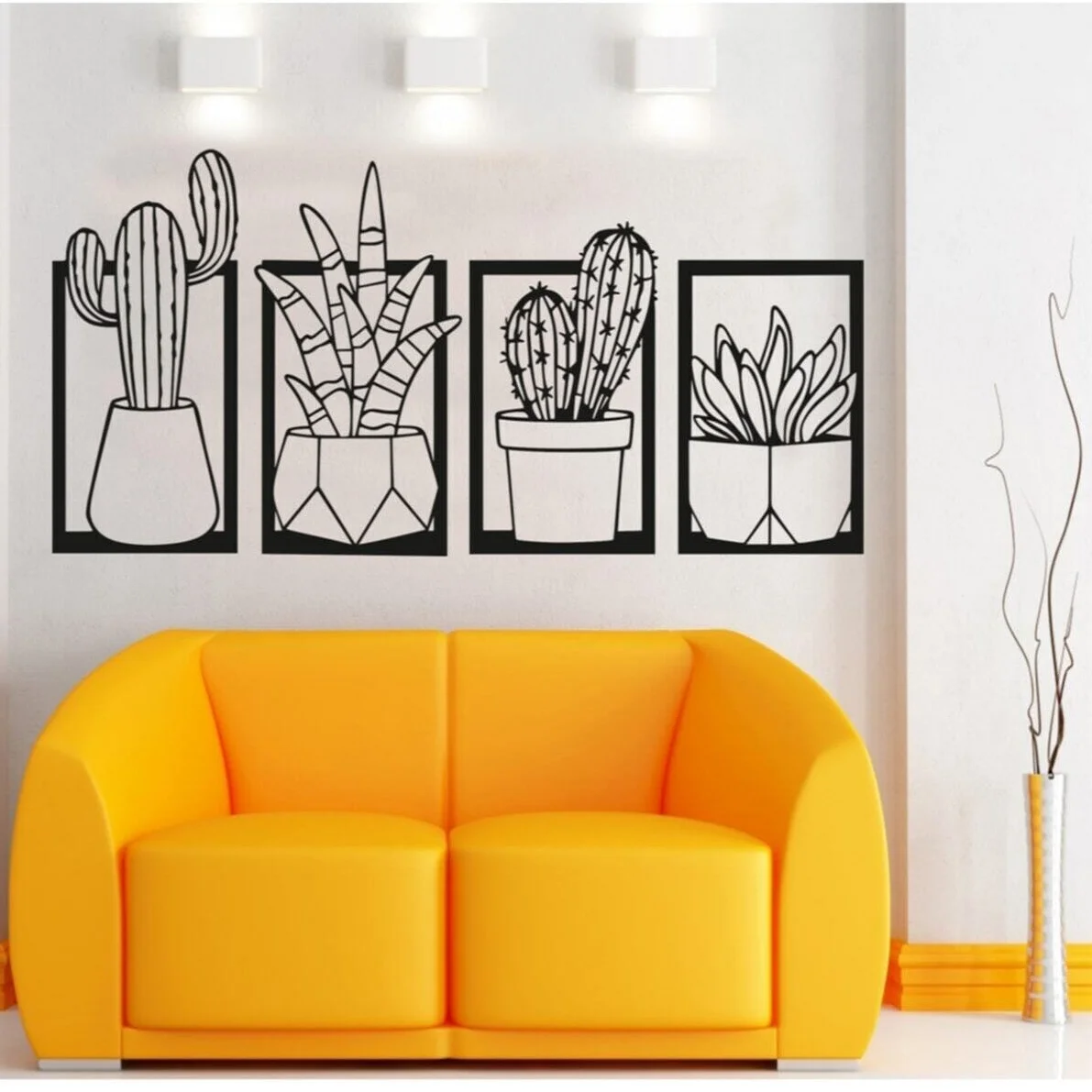 Decorative Cactus Black Wall Ornament 4'lü Table, Home And Office Decoration, Metal Wall Decoration, Free Shipping