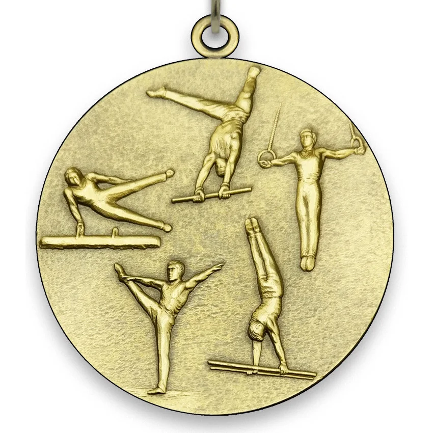 Large Metal Gymnastics Medal - Male - Gold - 6,4 cm - with Neck Ribbon size 2,2cm x 80 cm - Choice of Ribbon Colours.