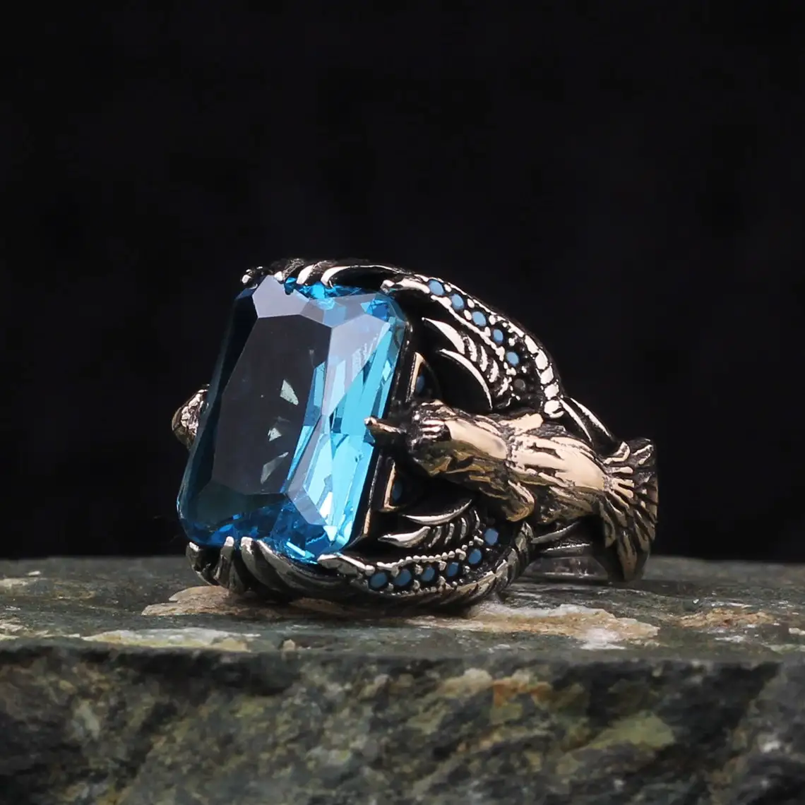 925 Sterling Silver Blue Topaz Stone Men Silver Ring, Eagle Men's Ring, Handmade Engraved Men's Silver Ring