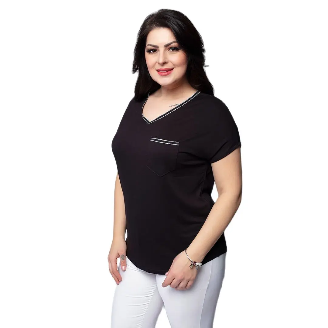 Women’s Plus Size V Neck And Silver Detail Pocket Black Blouse, Designed and Made in Turkey, New Arrival