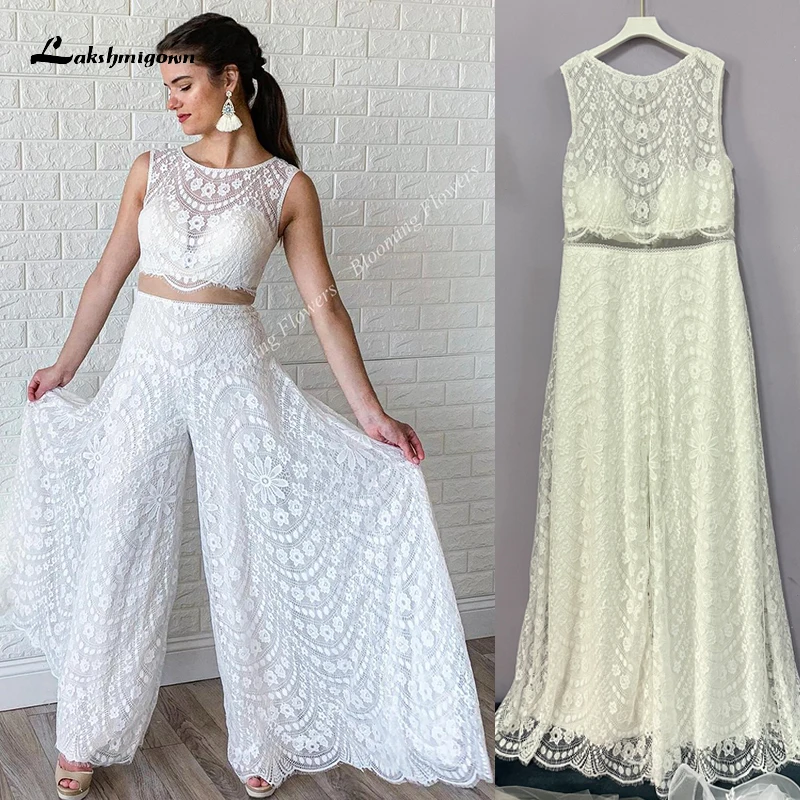 Boho Hochzeit Hosenanzüge 2022 Böhmischen Strand Spitze Braut Overall 2-Stück Tasten Zurück Breite Bein Hosen Ärmel Crop top