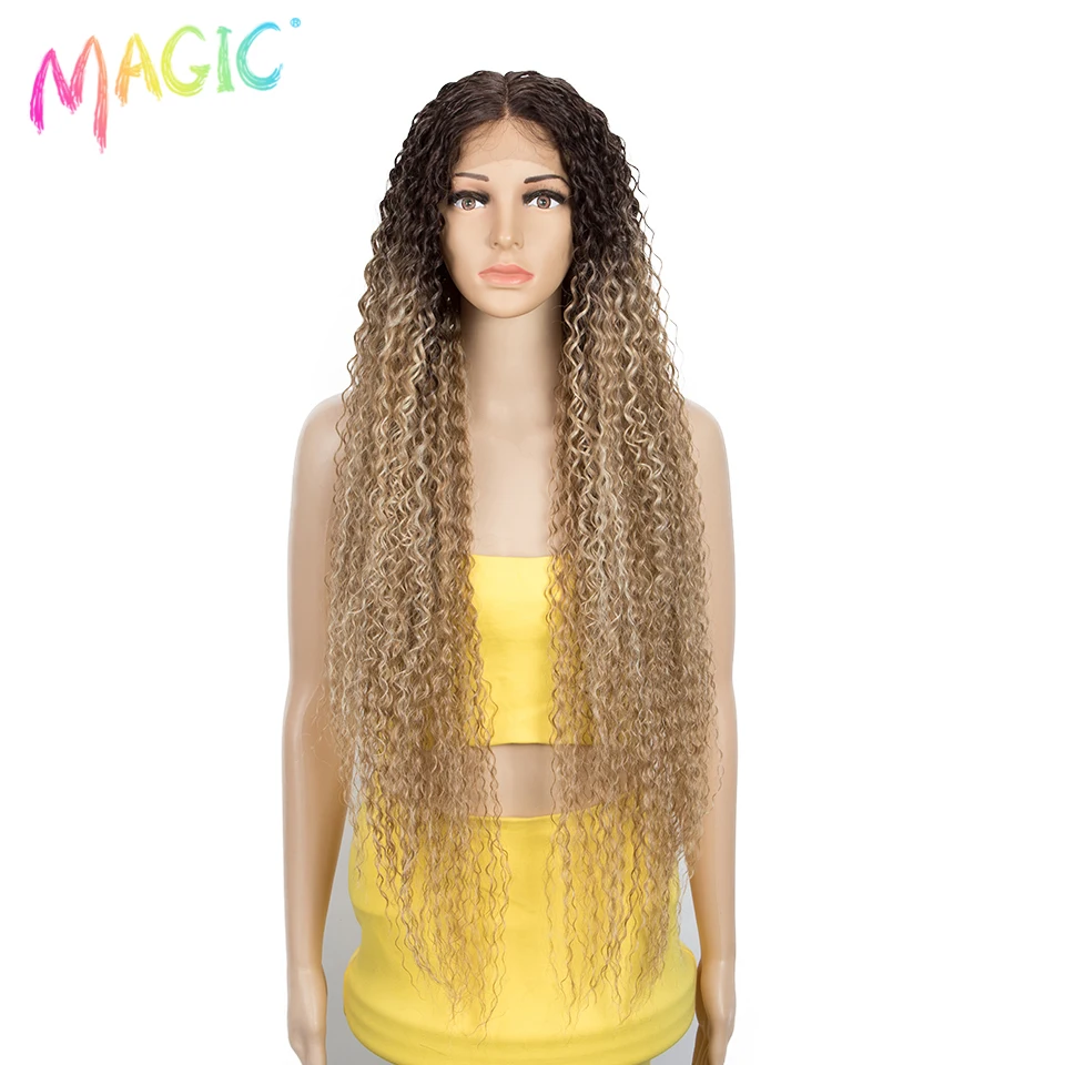 Magic Synthetic Lace Wigs 38inches Afro Kinky Curly Wig With Baby Hair Middle Part Ombre Black Blonde Wig For Black Women