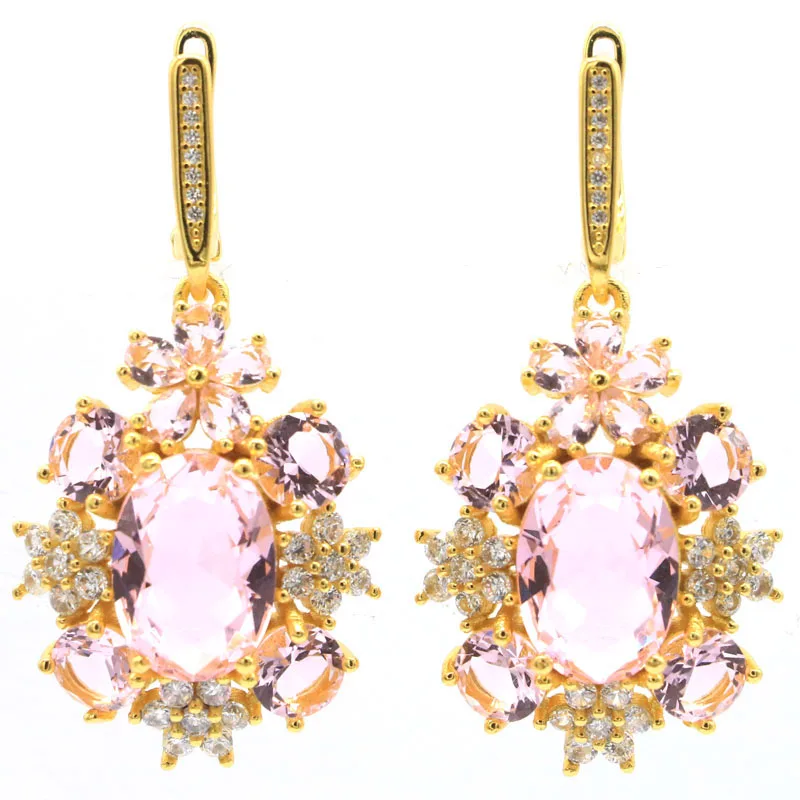 

46x23mm Delicate Fine Cut 12g Pink Kunzite White CZ Bride Wedding Gold Silver Earrings Eye Catching
