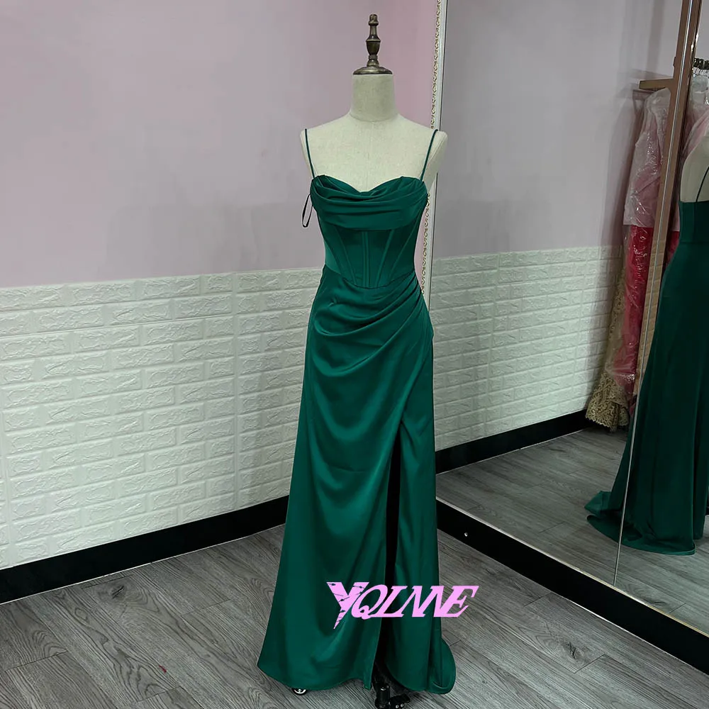 Emerald Green Long Slit Prom Dresses Sexy Straps Soft Satin Formal Evening Party Gowns Robe De Soiree Zipper Back