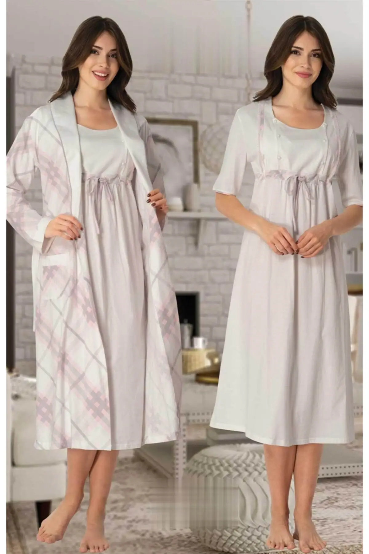 Effort Sleepwear Powder Maternity Nightgown Set with Easy Breastfeeding and Dressing Gown